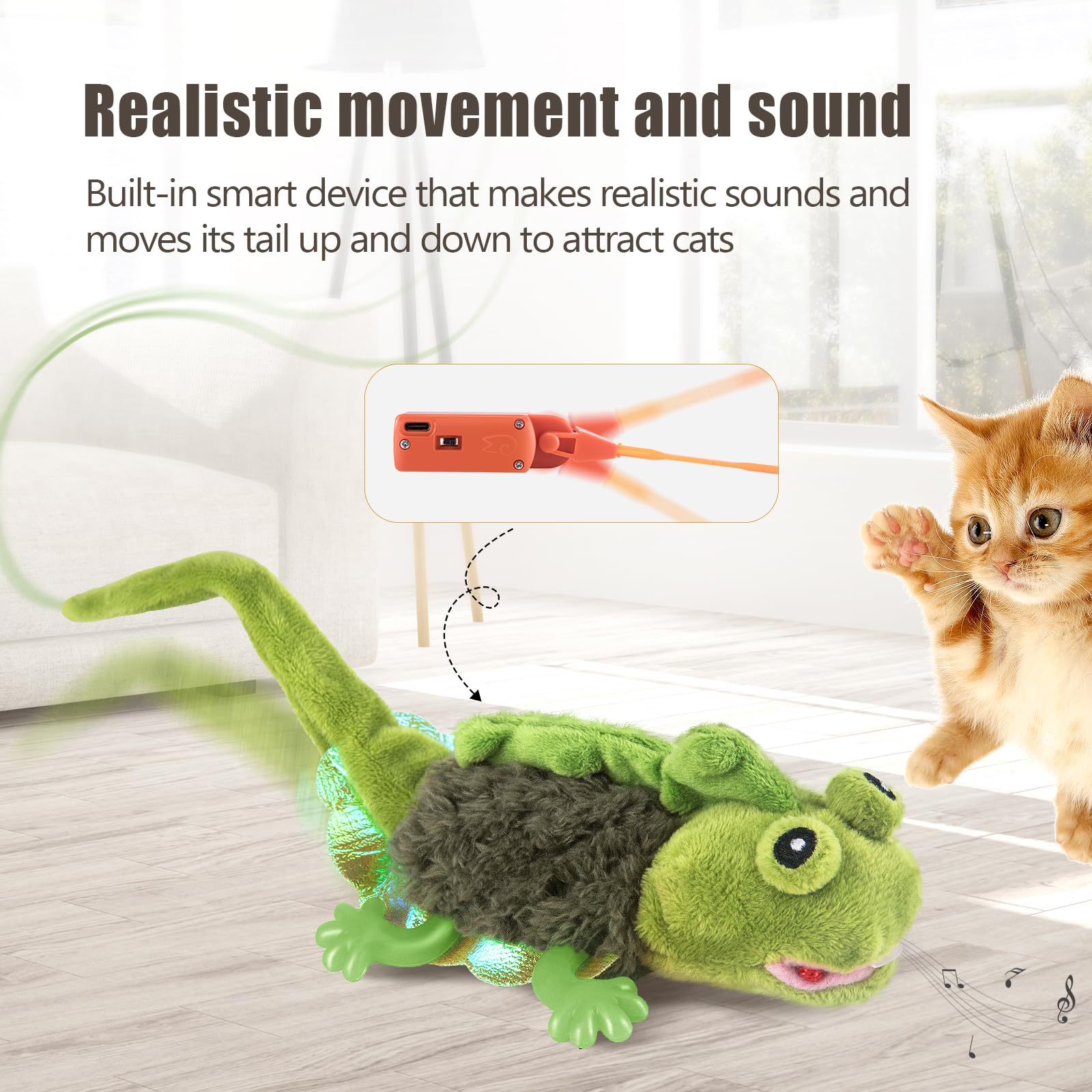 Migipaws usb rechargeable lizard toy keeps playtime powered for extended sessions.