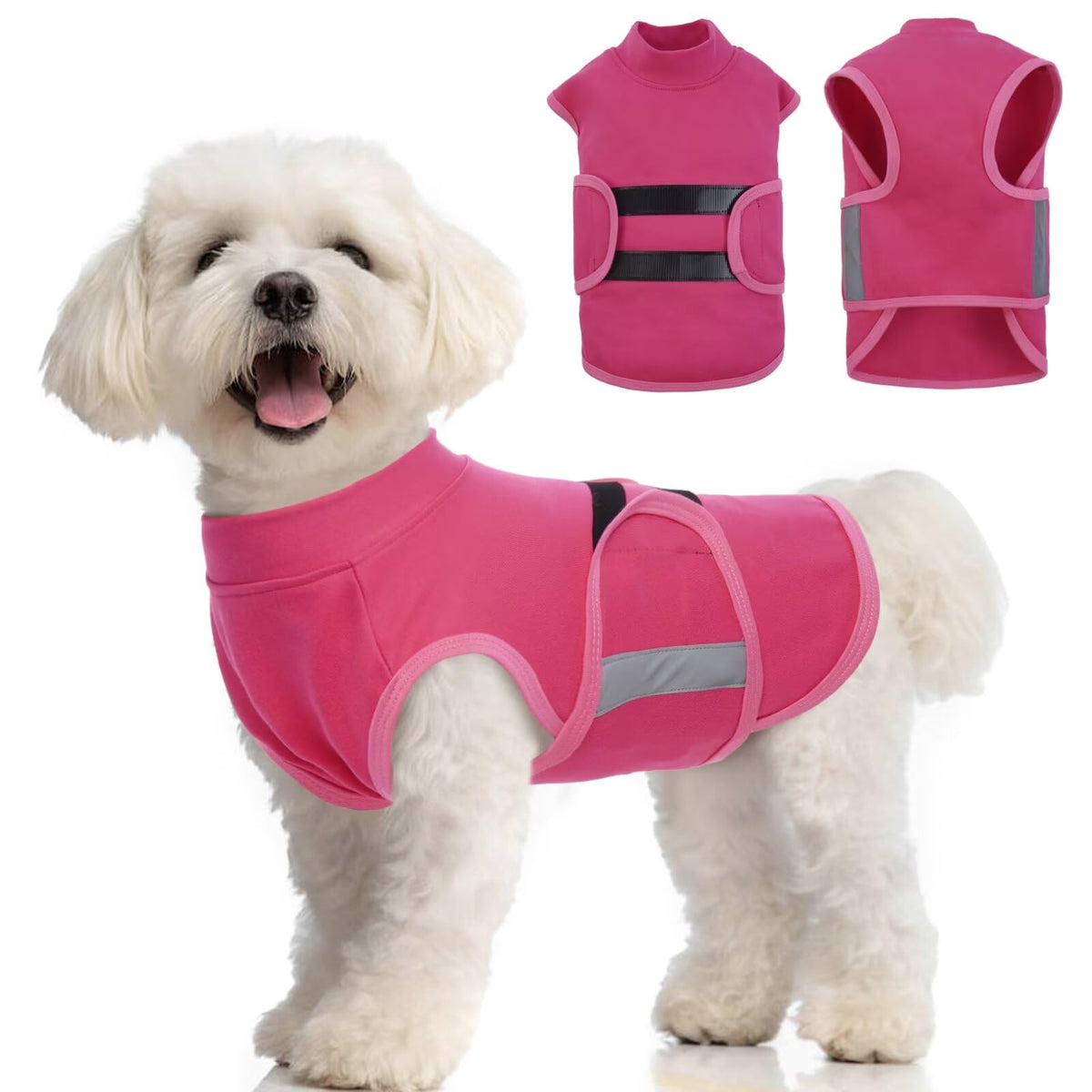 MIGOHI dog anxiety-relief coat worn showing secure calming fit.