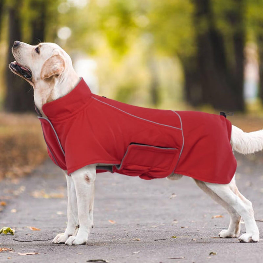 Migohi red dog coat is quick to put on with easy-to-use straps.