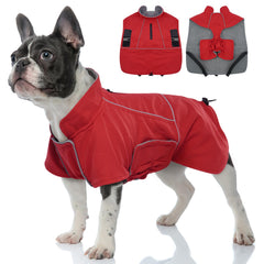 Migohi dog waterproof jacket in red on a medium dog, keeps fur dry in rain.