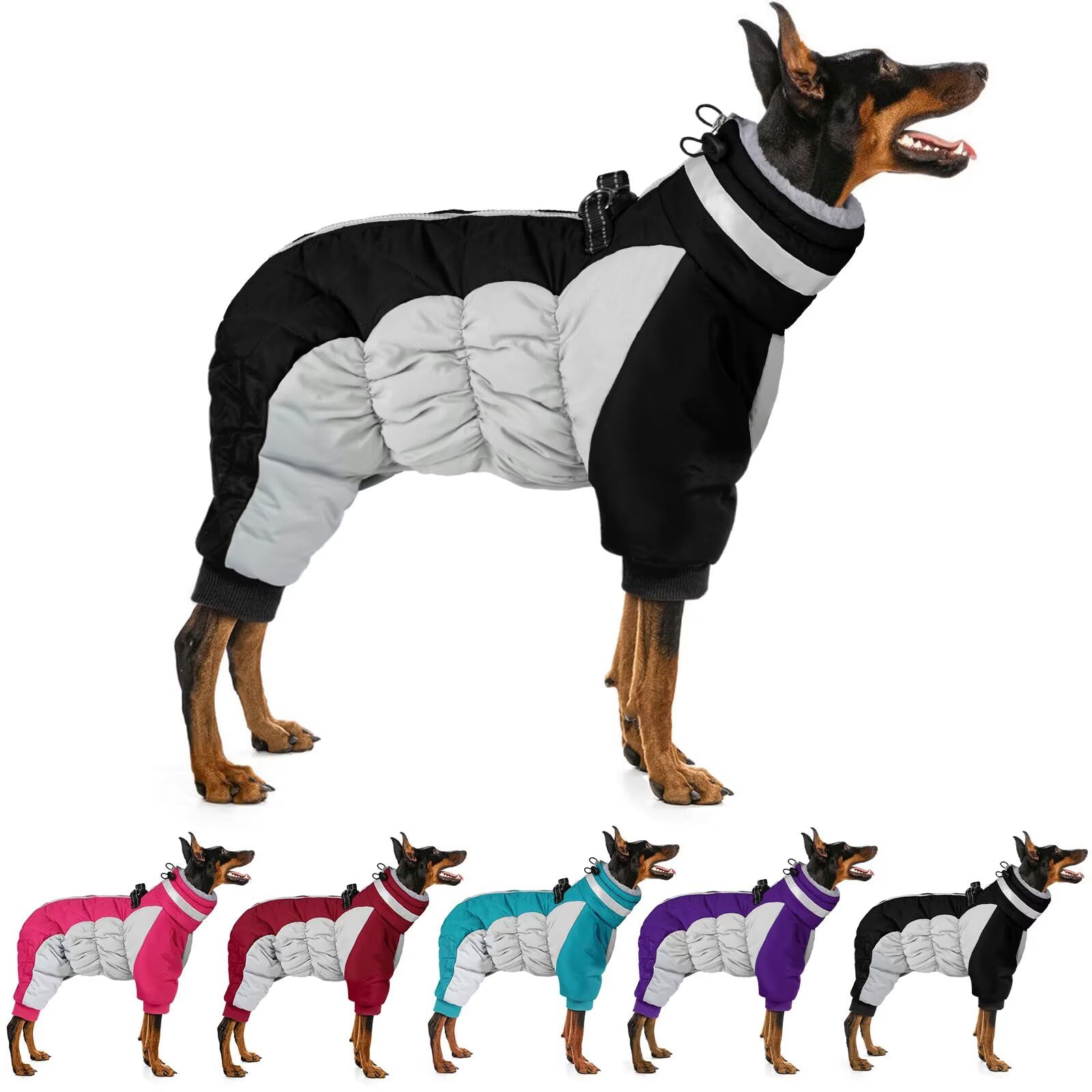 MIGOHI full-body dog coat provides winter protection during cold-weather walks.