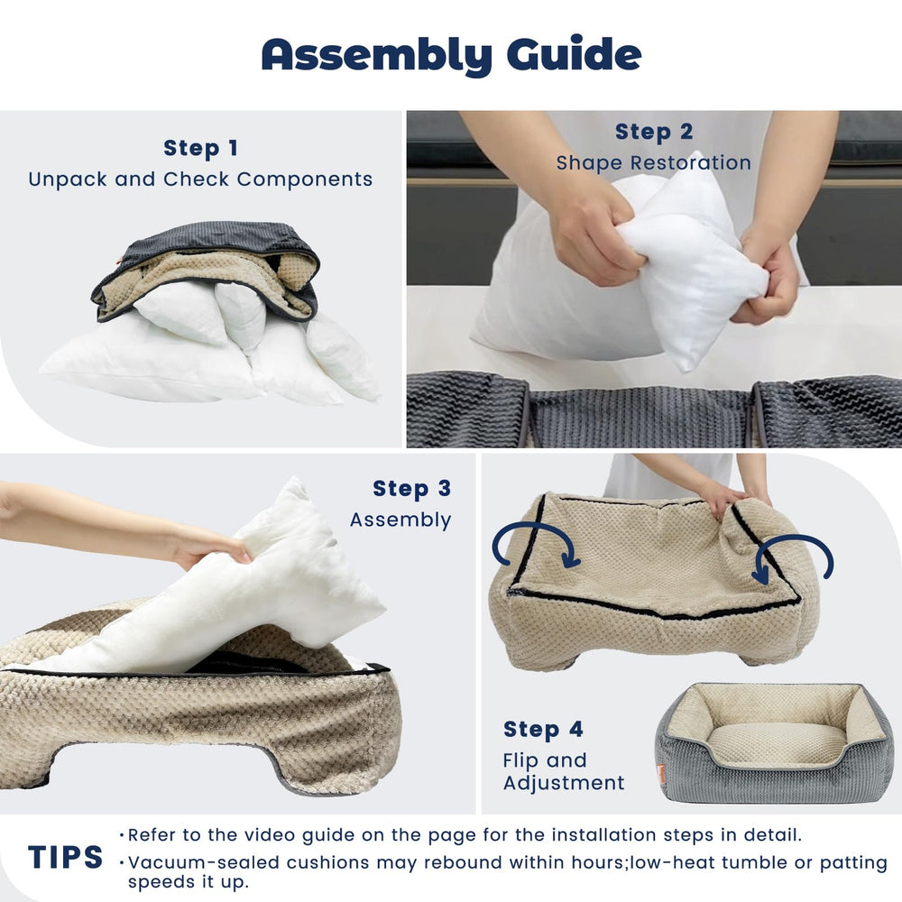 Miguel bed arrives vacuum-packed—gently fluff to restore shape quickly.