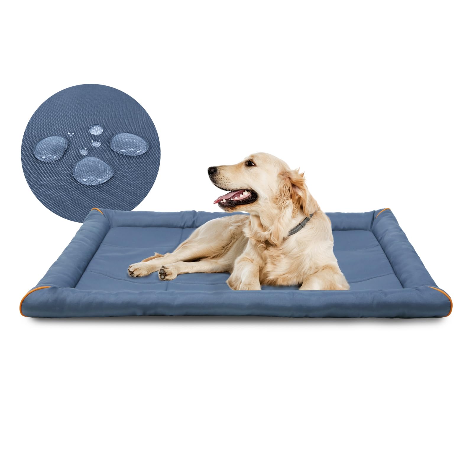 Miguel Oxford 900D blue dog bed inside a metal crate for crate-time comfort.