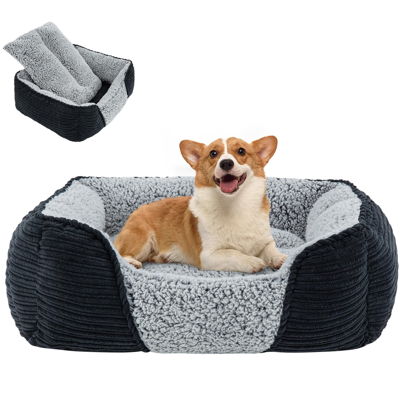 Miguel washable dog bed with side bolster for head and neck support.