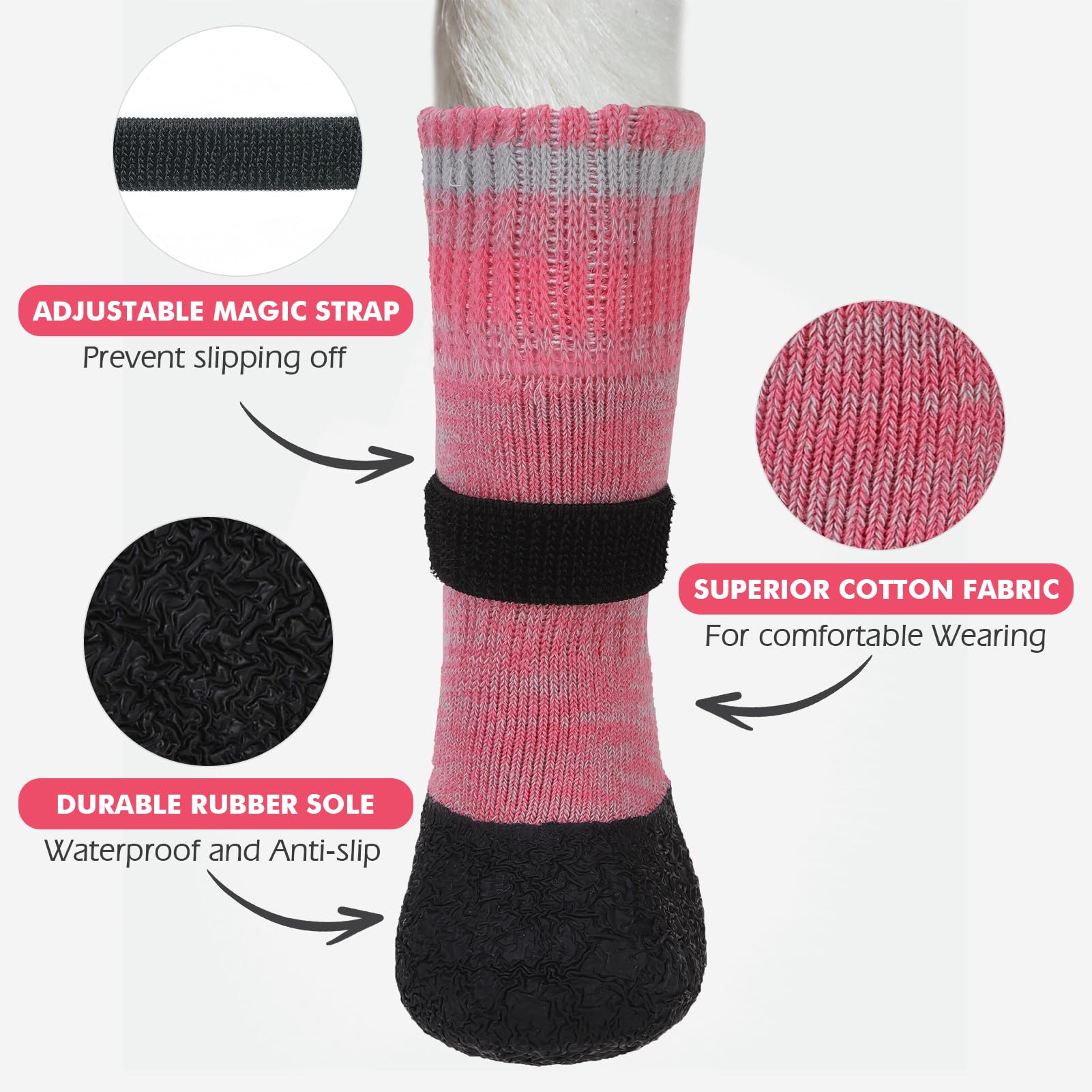 Mihachi anti-slip dog socks pink small side view, designed for secure fit during daily walks.