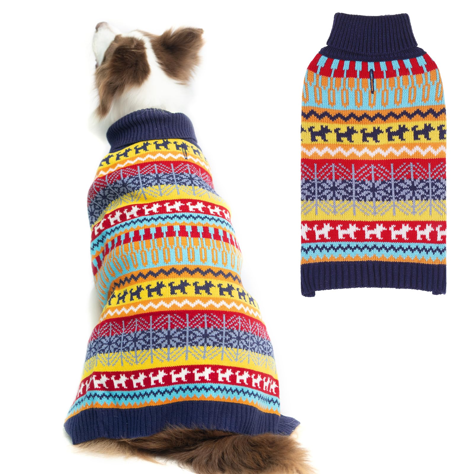 Mihachi dog sweater with colorful stripes on dog for cozy warmth during walks