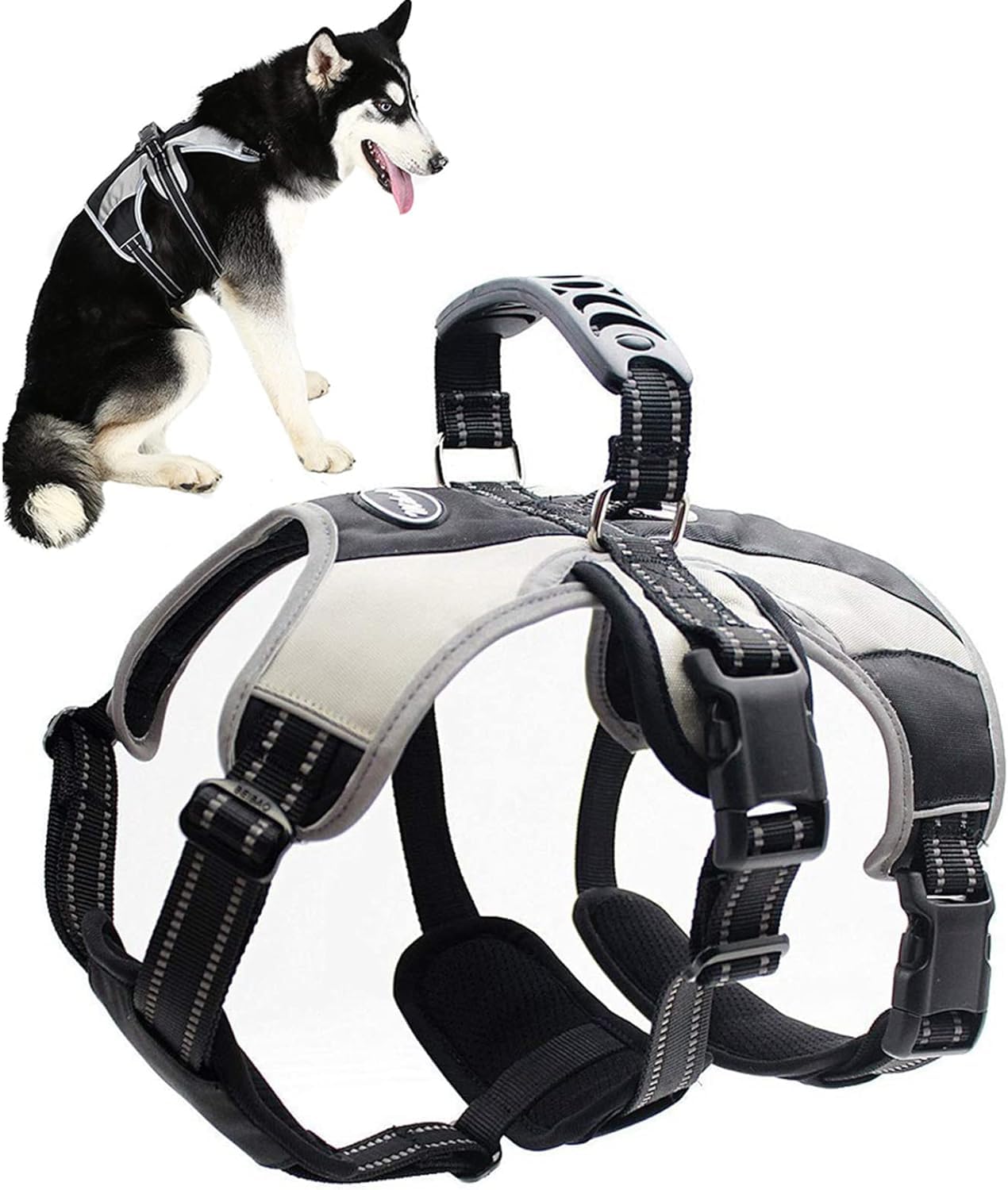 Mihachi Escape Proof Harness back handle provides secure control during loading and car trips.