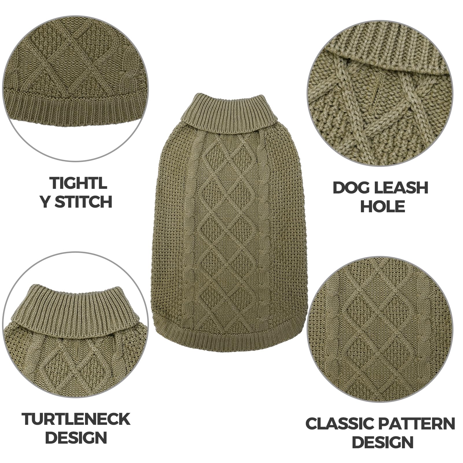 Mihachi turtleneck dog sweater army green back view with leash hole detail