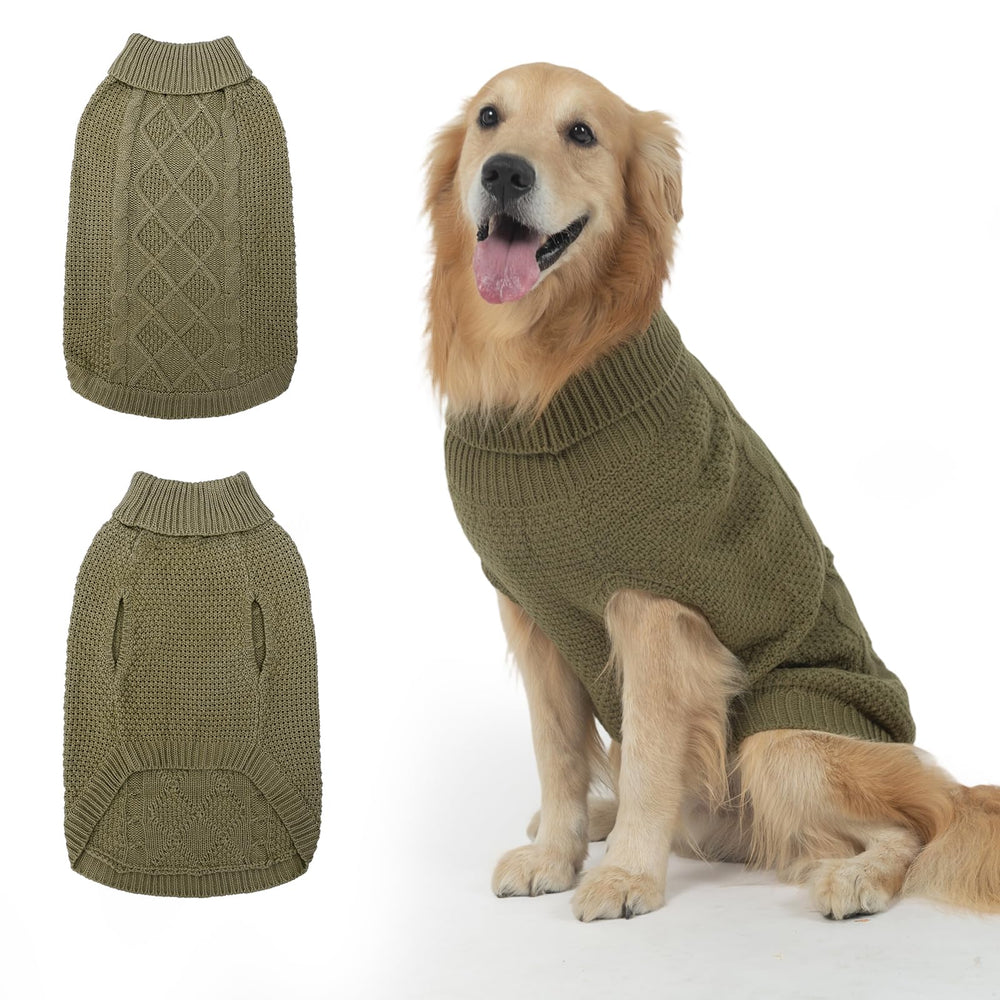 Mihachi turtleneck dog sweater army green front view for cozy cold-weather walks