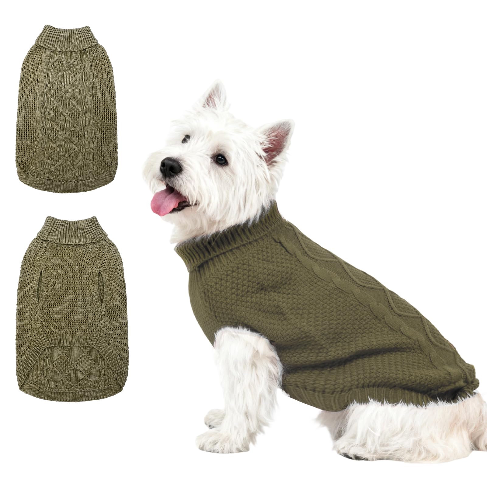 Mihachi turtleneck dog sweater army green front view for cold weather warmth.