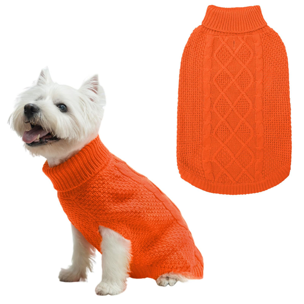 Mihachi turtleneck dog sweater front view orange shows warm cable knit