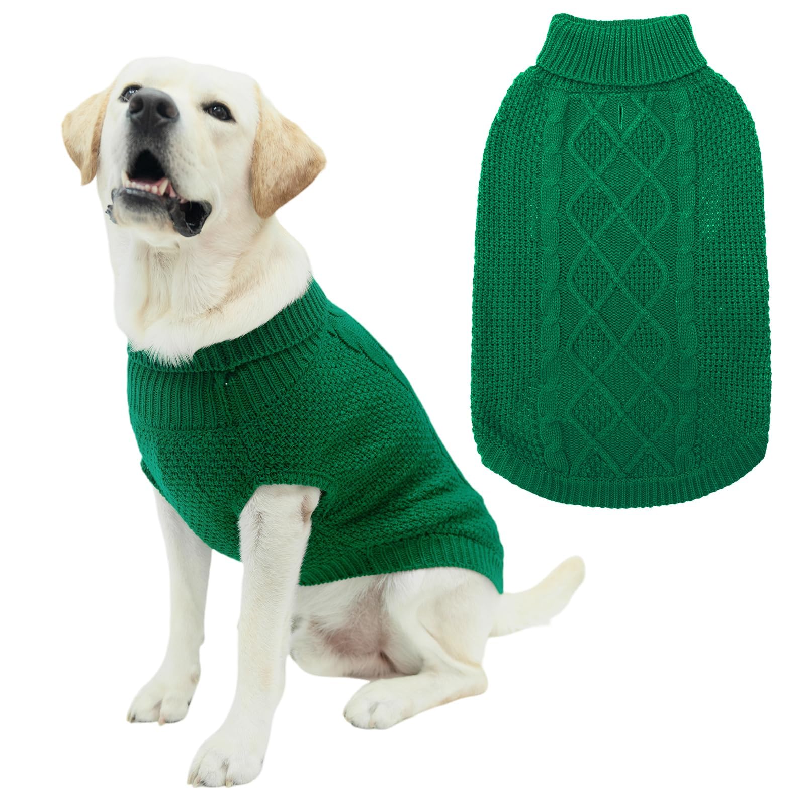 Mihachi turtleneck dog sweater green front view shows cozy warmth for chilly walks.