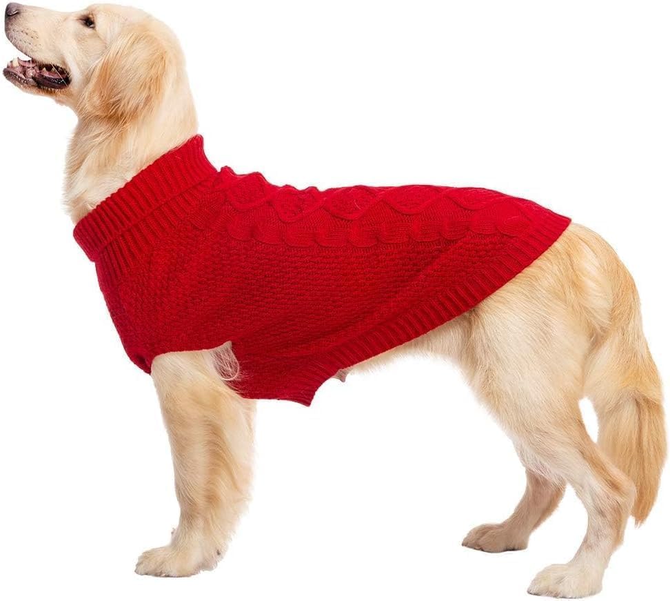 Mihachi turtleneck dog sweater red leash-hole back detail supports harness-friendly walks.