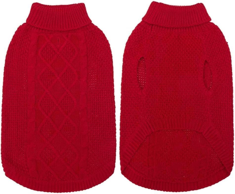 Mihachi turtleneck dog sweater red side view, classic cable knit for everyday warmth.
