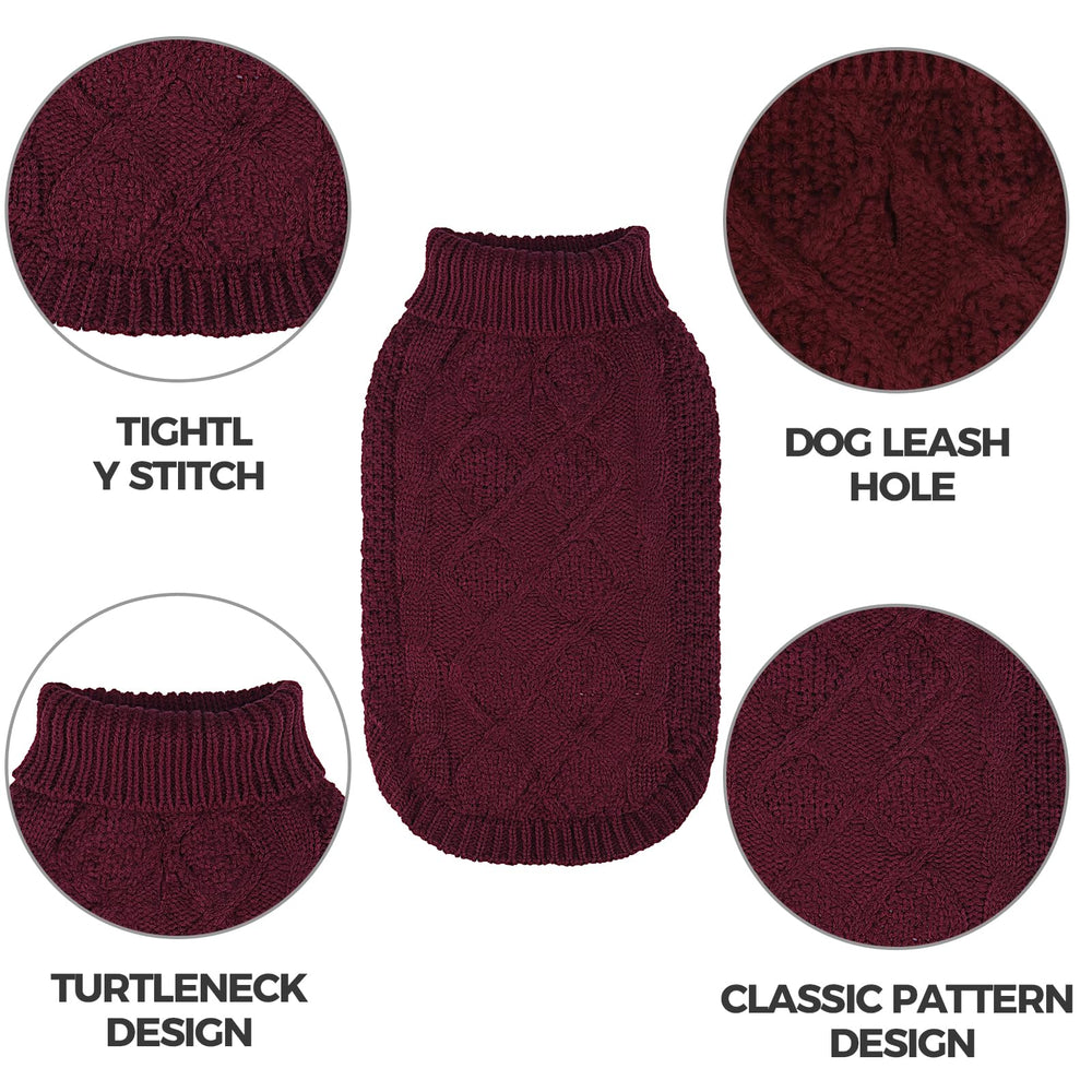 Mihachi turtleneck dog sweater wine red back view shows classic cable knit style.