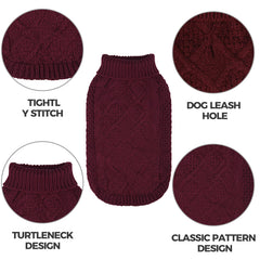 Mihachi turtleneck dog sweater wine red back view shows classic cable knit style.