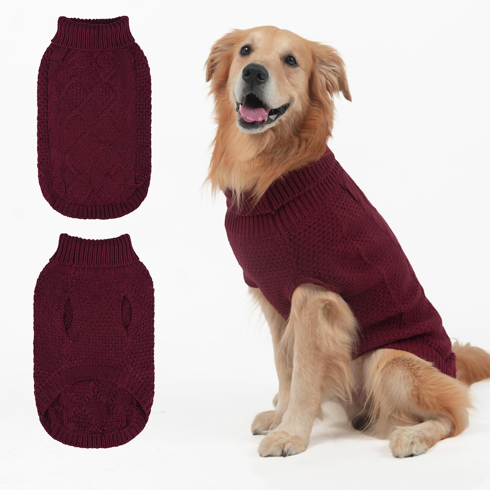 Mihachi turtleneck dog sweater wine red closeup knit for warm winter walks.