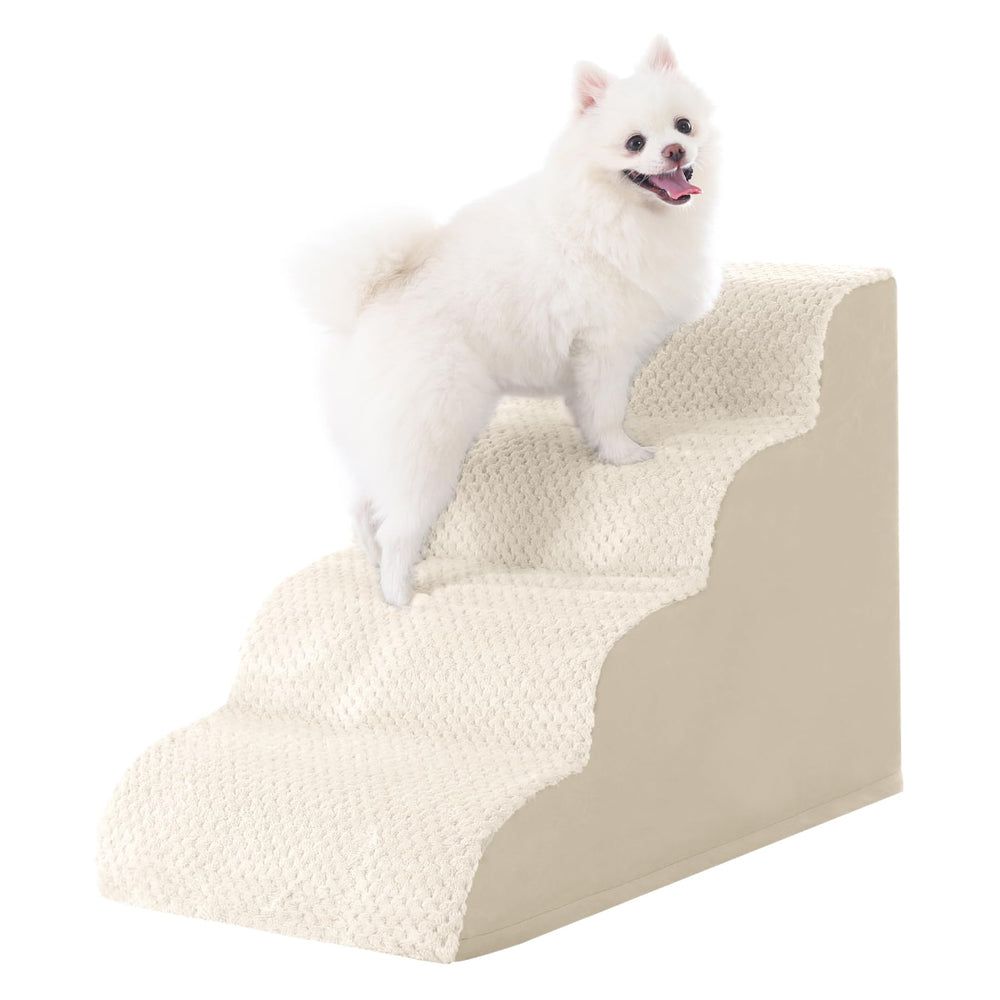 MIHIKK curved 4-step dog stairs on bed showing easy access for pets