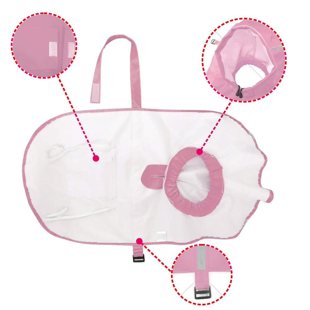 Mikayoo raincoat showing elastic leg straps for secure fit