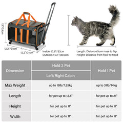 MILADA large cat carrier double-compartment demonstrates two-cat setup with divider for sharing space.
