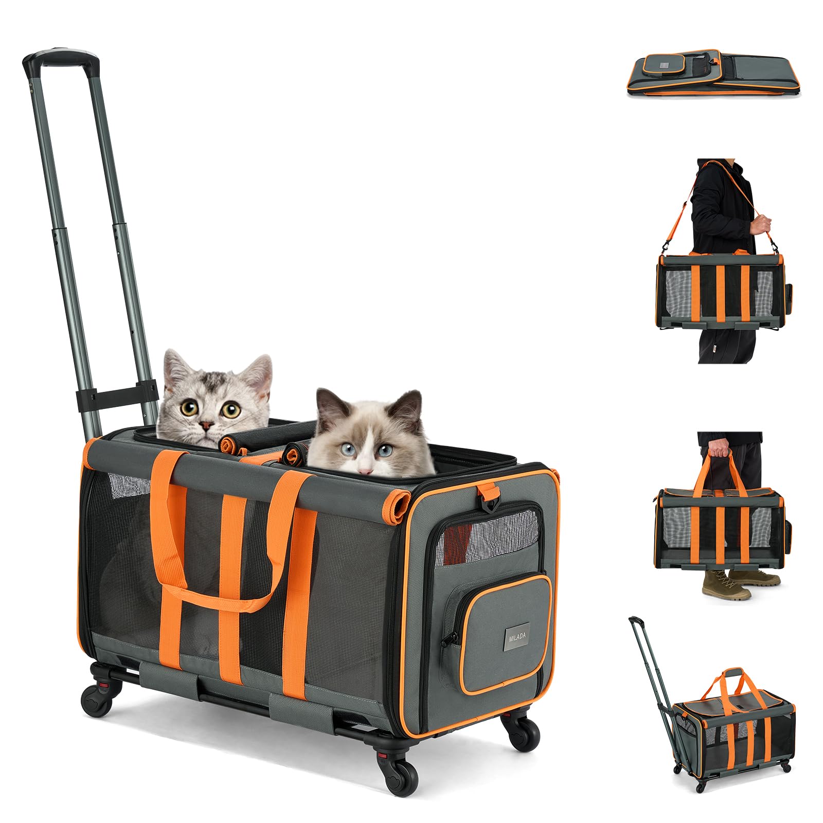 MILADA large cat carrier wheels-pull shows smooth rolling on uneven surfaces for easy travel.
