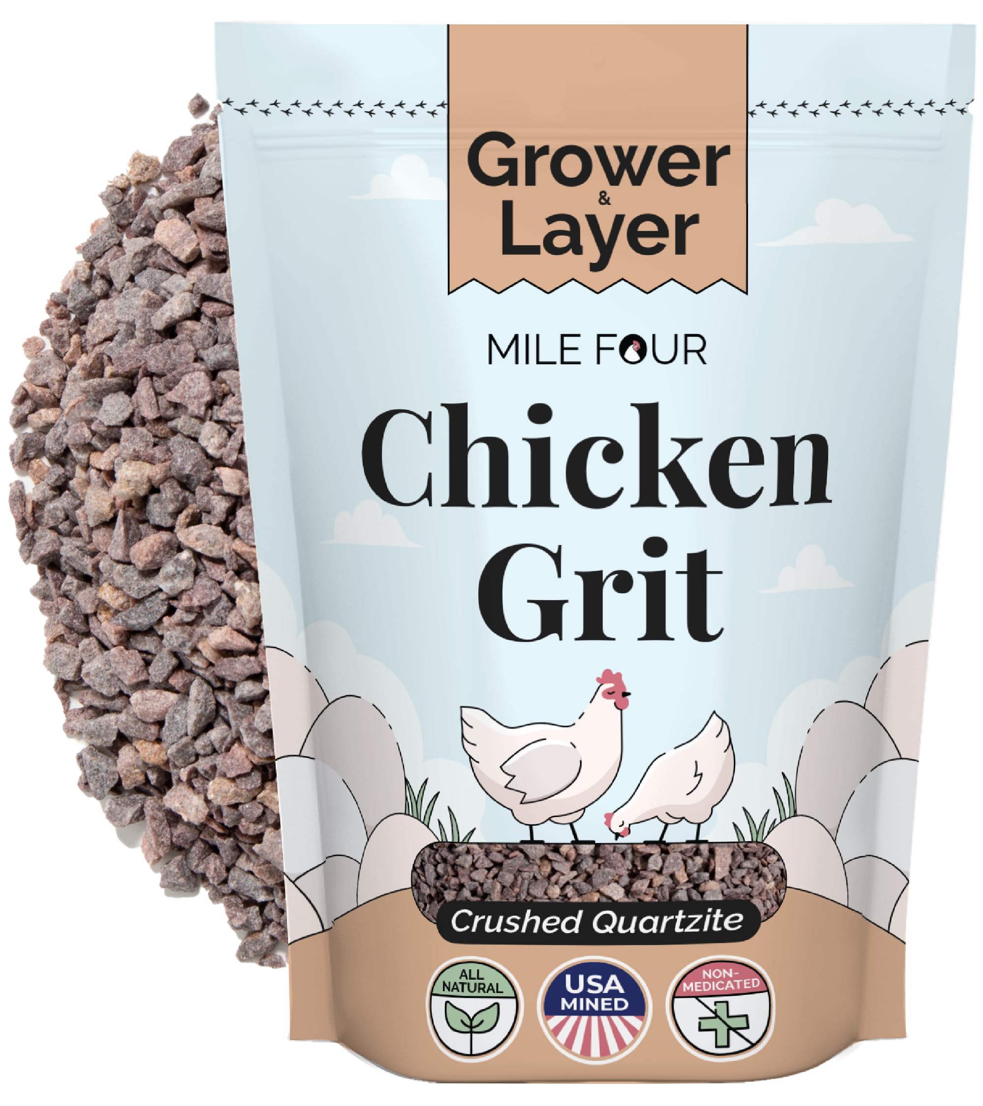Mile Four Chicken Grit Layer Grower 4lbs bag supports digestion and nutrient absorption.