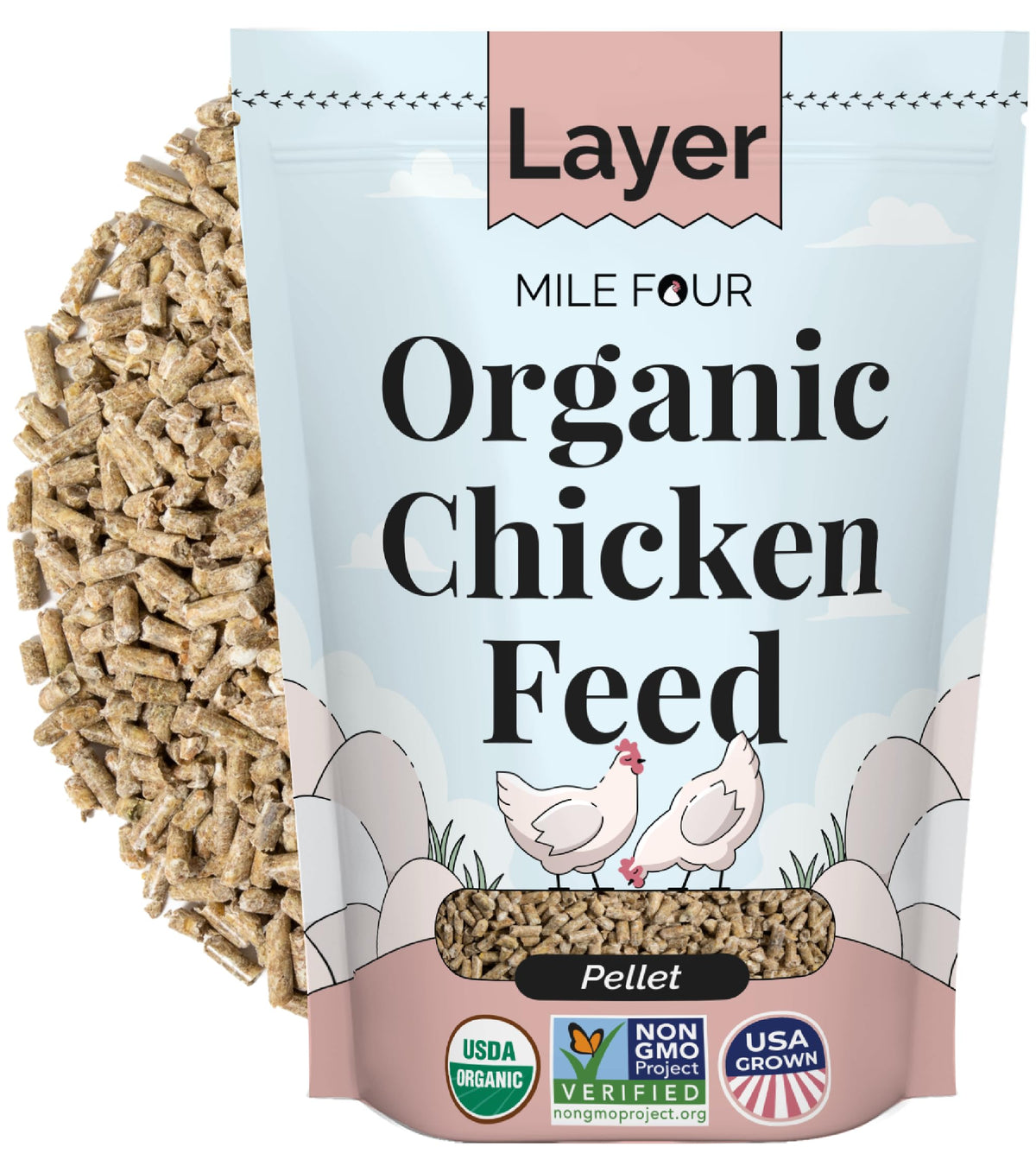 Mile Four Organic Chicken Feed layer pellet pack with uniform pellets for consistent nutrition.