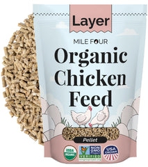 Mile Four Organic Chicken Feed layer pellet pack with uniform pellets for consistent nutrition.