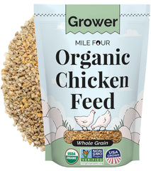 Mile Four Organic Chicken Feed packaging for Grower Whole Grain promotes balanced flock nutrition