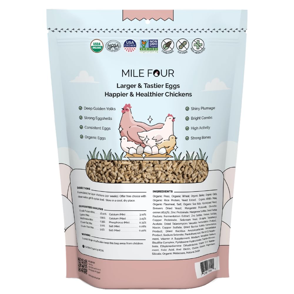 Mile Four Organic Chicken Feed USA grown 2lb sample highlighting fresh, local sourcing.