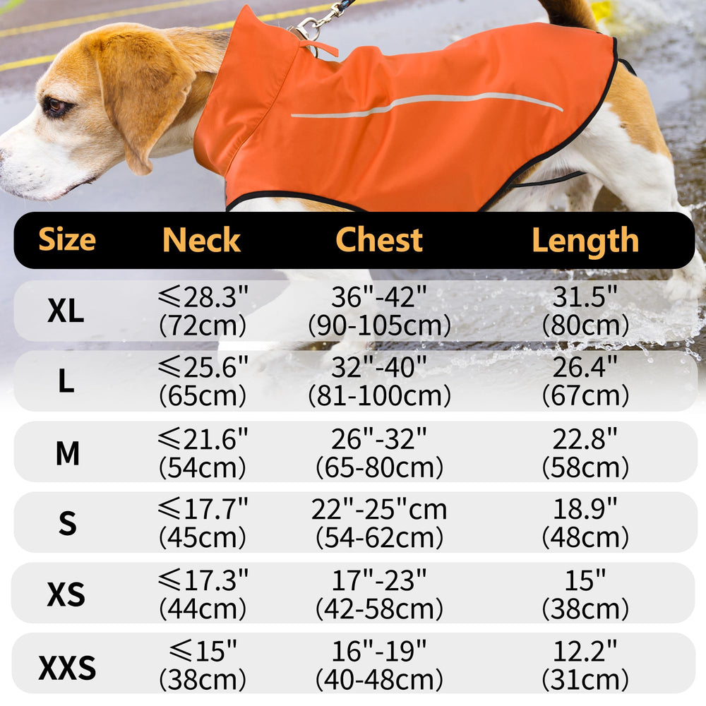 Mile High Life dog raincoat orange back view emphasizes adjustable fit for different breeds