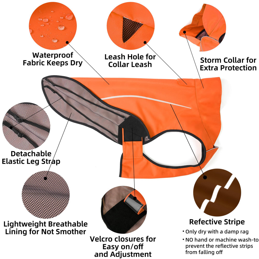 Mile High Life orange raincoat reveals hidden leash hole for easy leash connection.