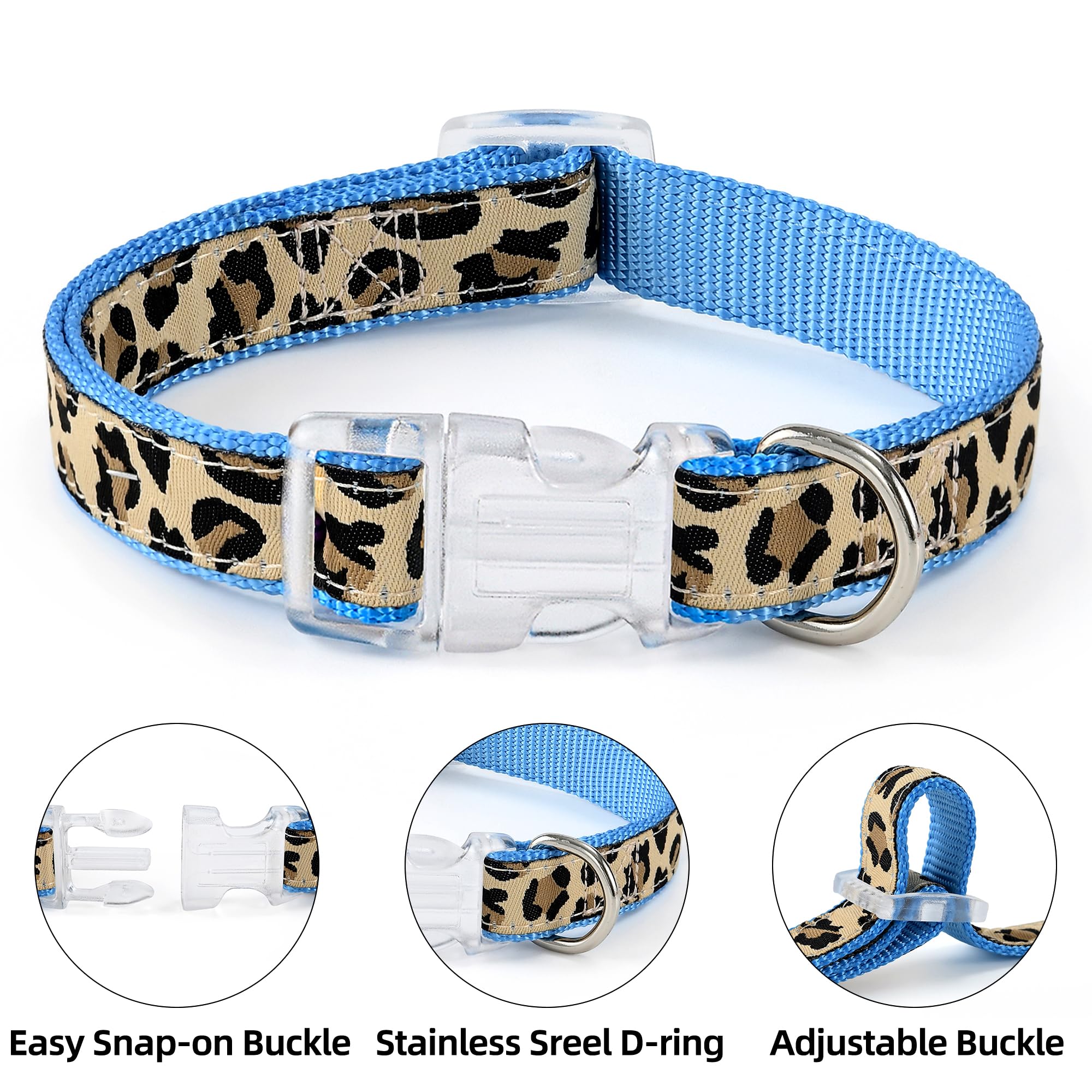 Mile High Life leopard collar blue closeup shows durable stitching.