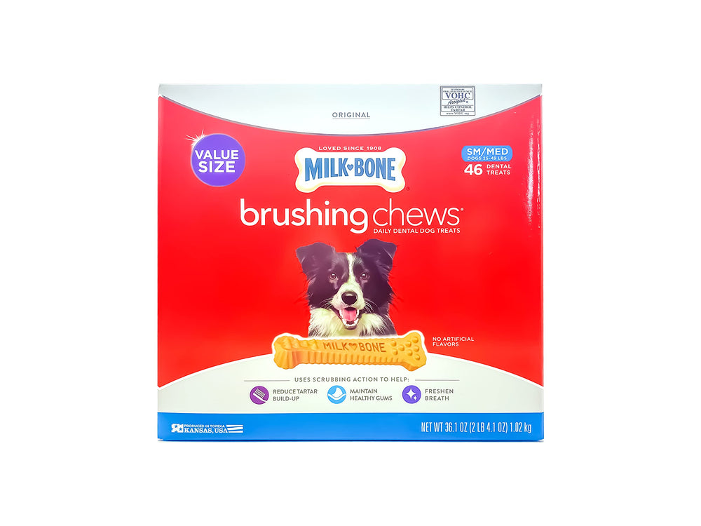 Milk-Bone Brushing Chews twist-bone closeup shows nubs for dental cleaning and taste.