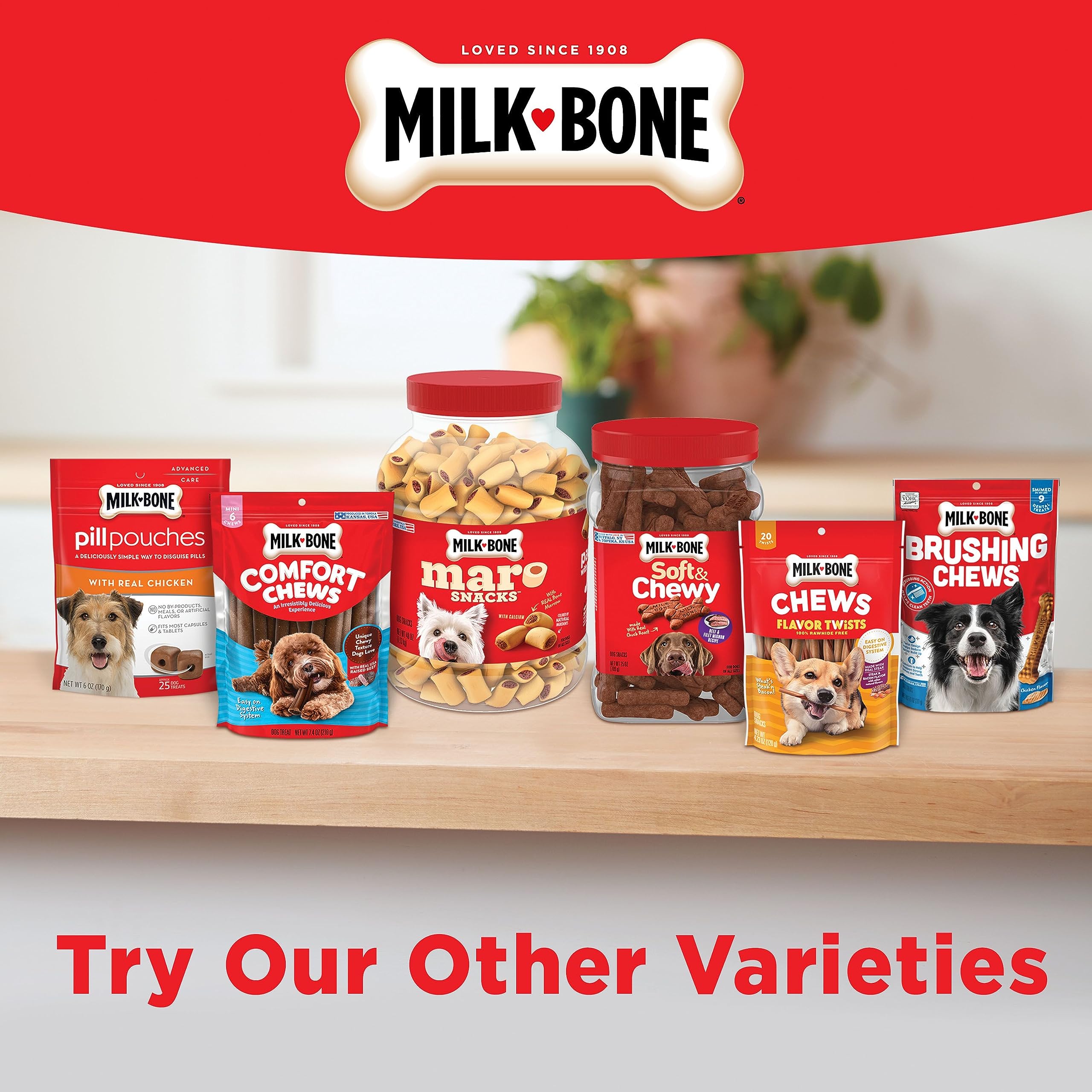 Milk-Bone Comfort Chews ideal everyday treat for dogs at home.