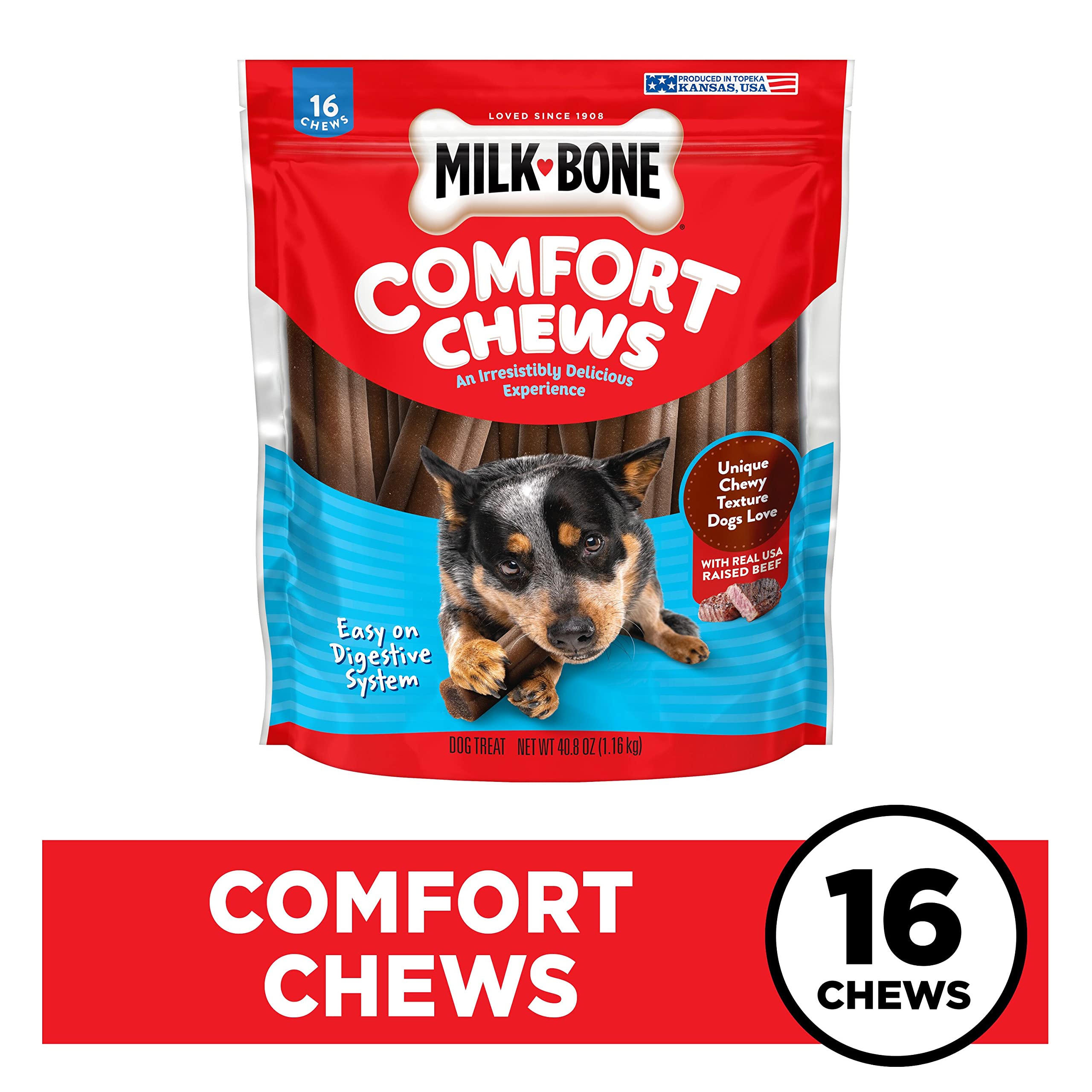 Milk-Bone Comfort Chews unique-chewy-texture shown during chewing sessions.