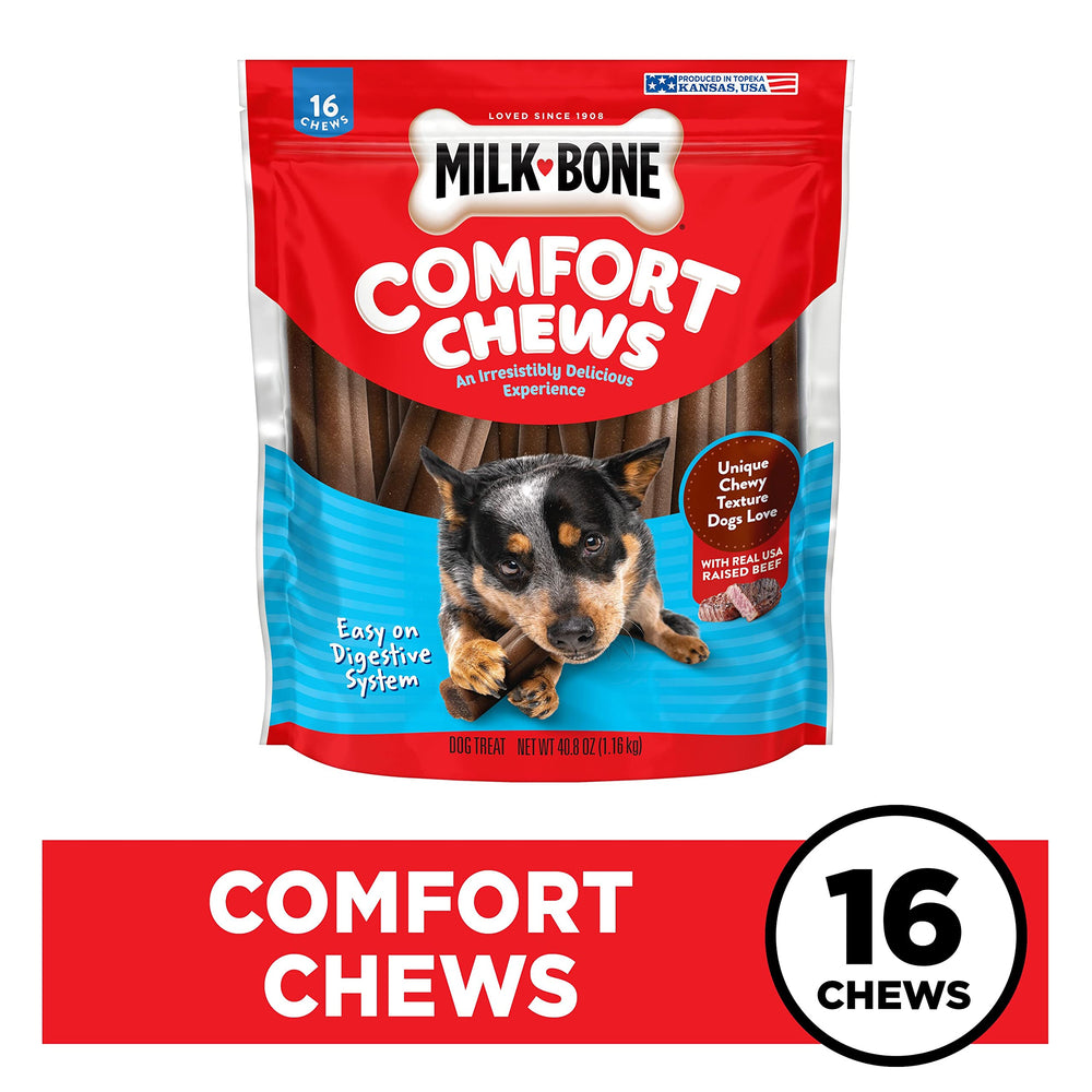 Milk-Bone Comfort Chews unique-chewy-texture shown during chewing sessions.