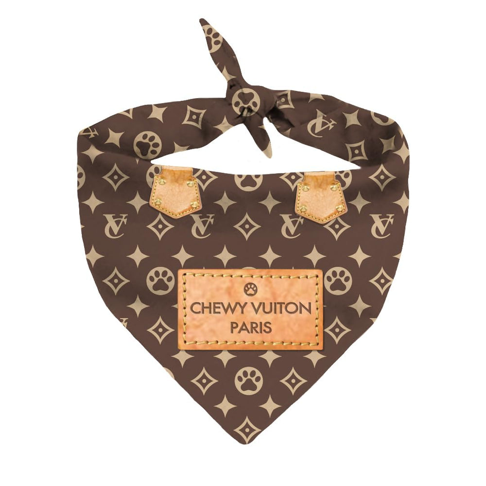 Millionaire Mutt Chewy Vuiton bandana front view for standout dog photoshoots