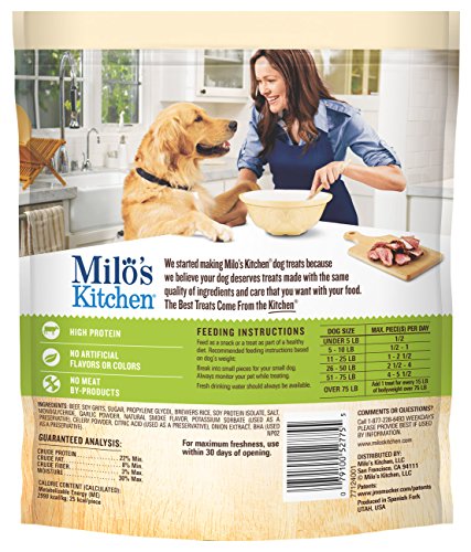 Milo's Kitchen chewy texture dog treats shown as a training reward.