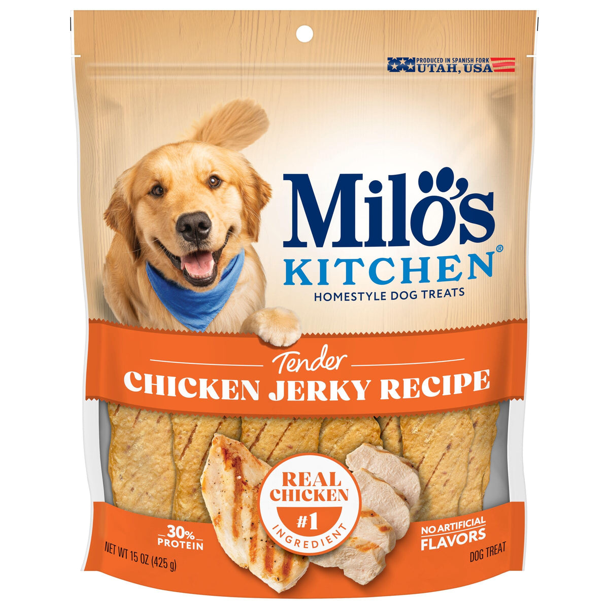 Milo's Kitchen Chicken Jerky Bag 15oz ready for tasty training rewards.