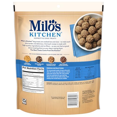 Milo's Kitchen chicken meatballs ingredients view emphasizes no fillers or by-products