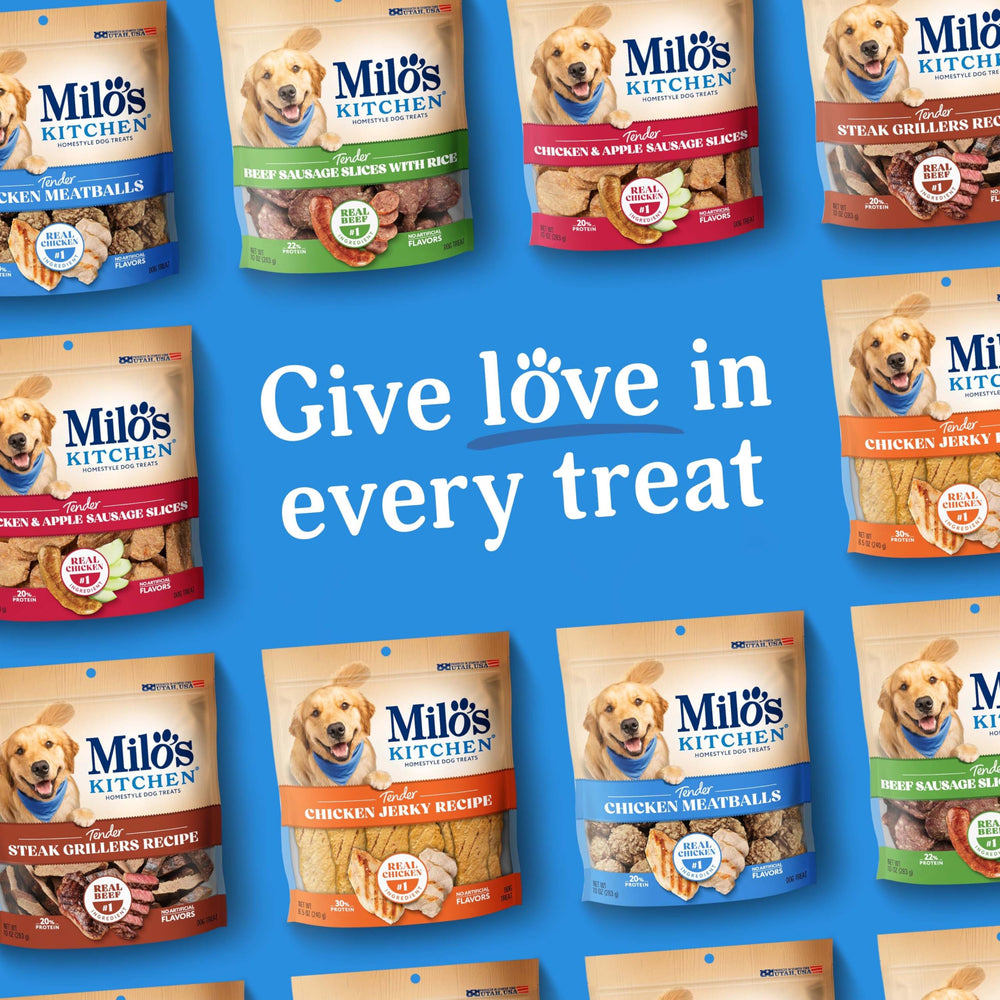 Milo's Kitchen chicken meatballs serving suggestion shows simple daily rewards