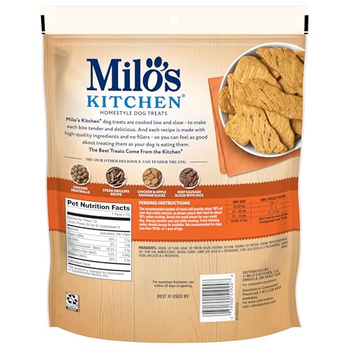 Milo's Kitchen real chicken ingredient label highlights number one ingredient.