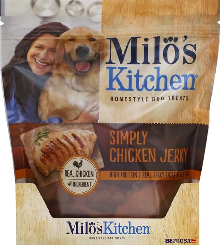 Milo's Kitchen Simply Chicken Jerky ingredients close-up highlighting three simple ingredients.