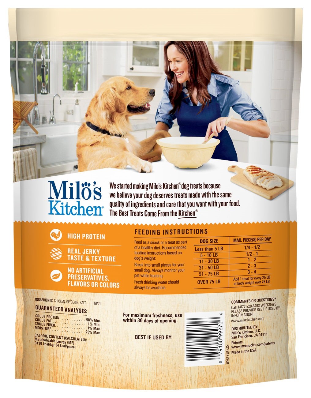 Milo's Kitchen Simply Chicken Jerky packaging front shows grain-free messaging.