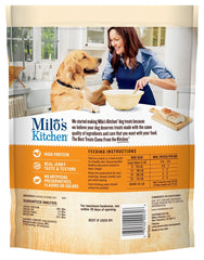 Milo's Kitchen Simply Chicken Jerky packaging front shows grain-free messaging.