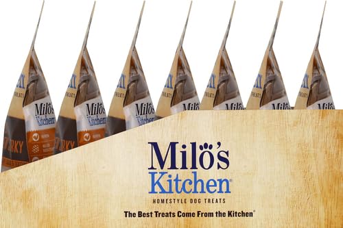 Milo's Kitchen Simply Chicken Jerky serving suggestion with small bites.