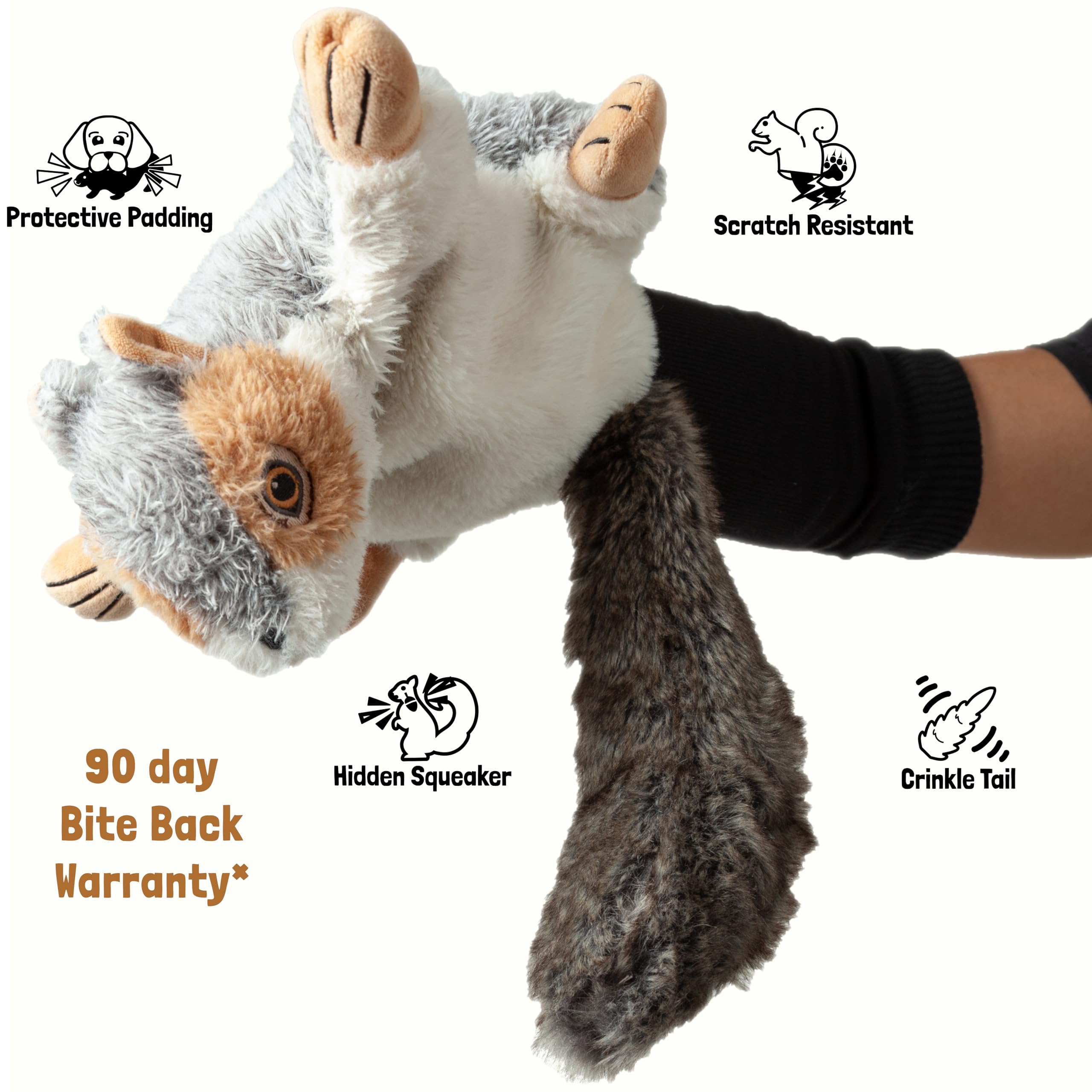 Milunova Pupr Pals hidden squeaker and crinkly tail stimulate prey drive.