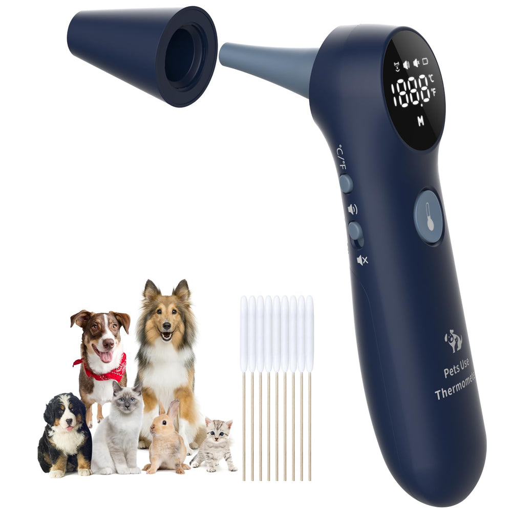MINDPET-MED ear thermometer with long probe design for deeper pet readings.