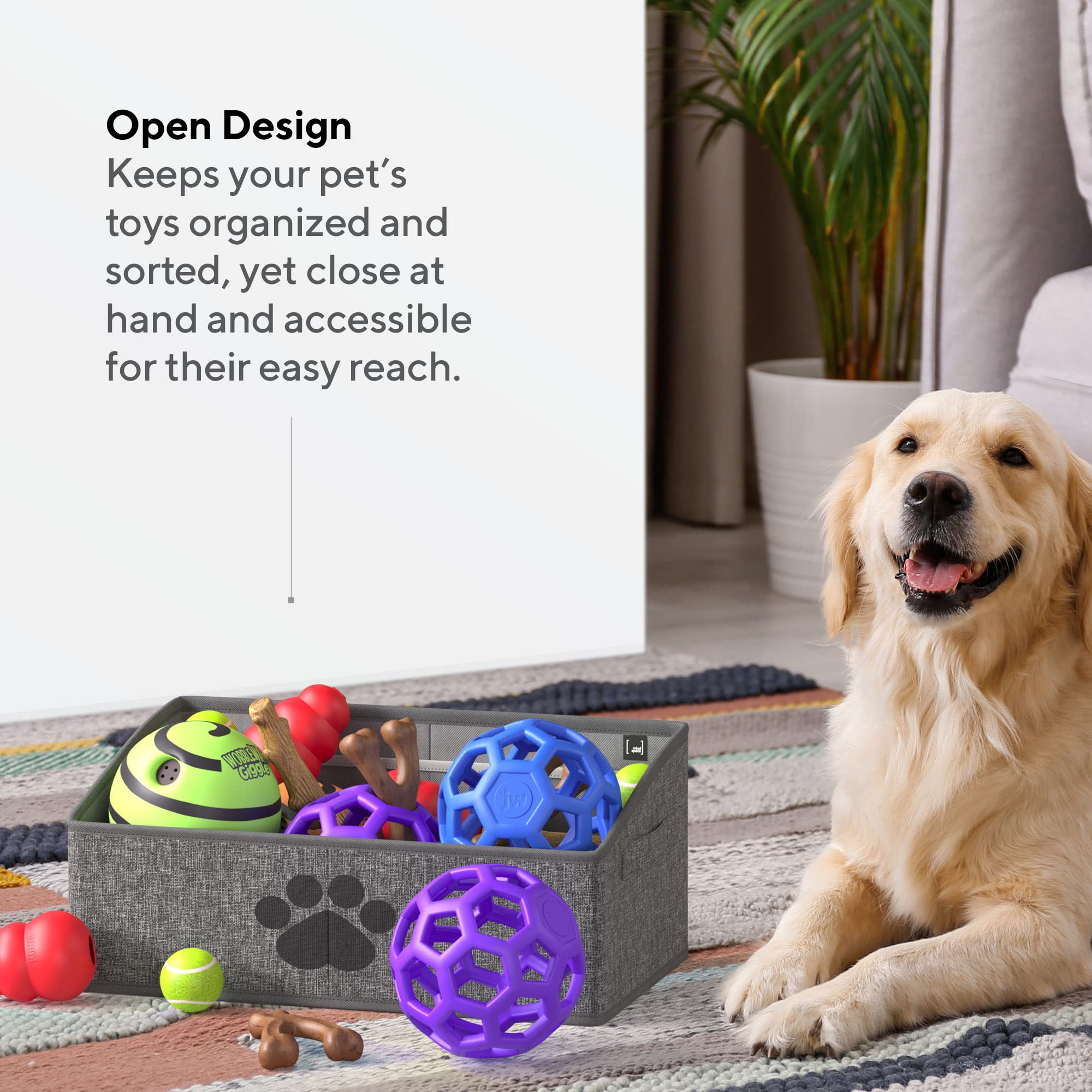 Mindspace Dog Toy Box Organizer open design for simple toy selection.